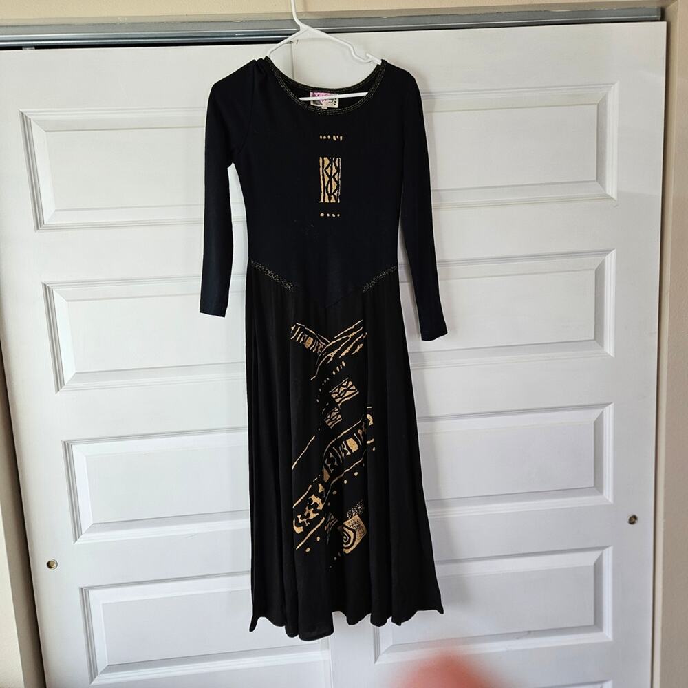 Vintage K.D. Spring Black & Gold Geometric Maxi Dress - Extra Small (XS)